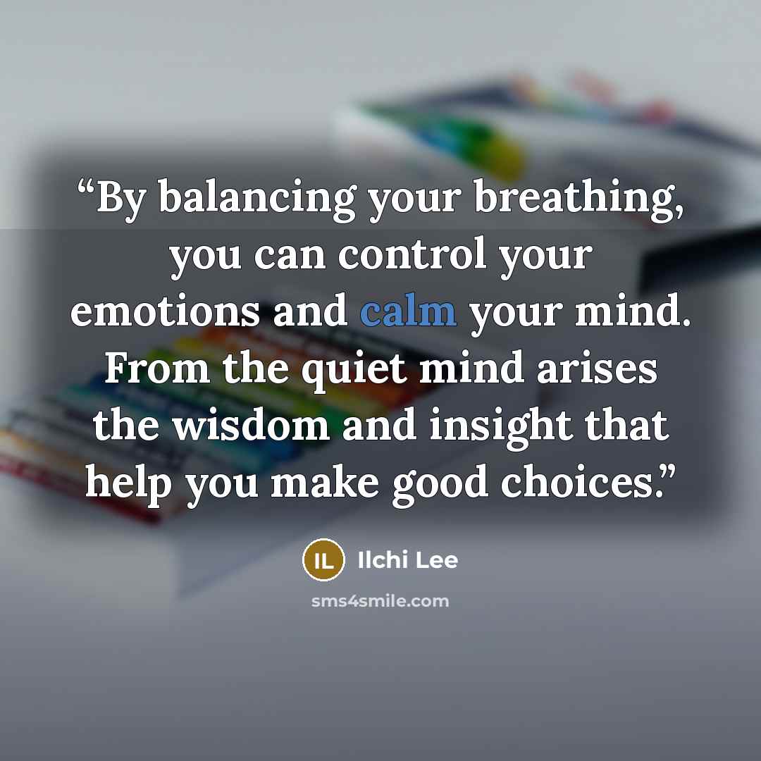 “By balancing your breathing, you can control your emotions and calm your mind. From the quiet mind arises the wisdom and insight that help you make good choices.” quote by Ilchi Lee