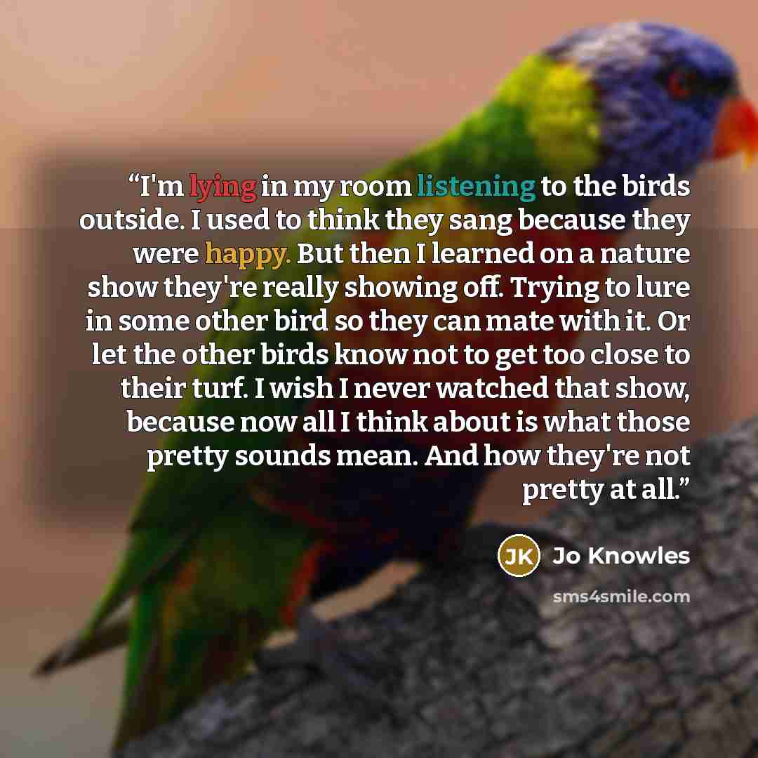 “I'm lying in my room listening to the birds outside. I used to think they sang because they were happy. But then I learned on a nature show they're really showing off. Trying to lure in some other bird so they can mate with it. Or let the other birds know not to get too close to their turf. I wish…” quote by Jo Knowles