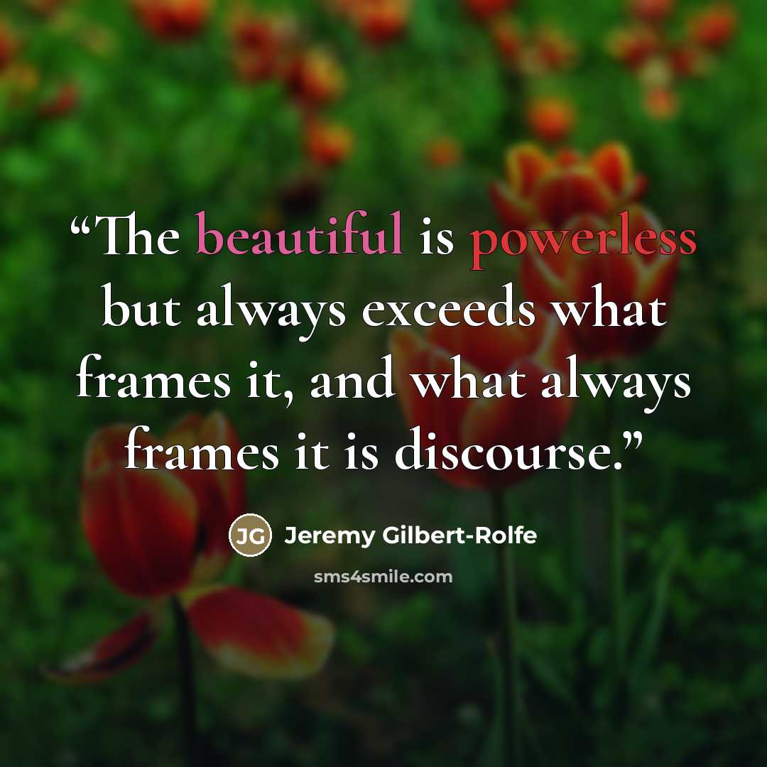 “The beautiful is powerless but always exceeds what frames it, and what always frames it is discourse.” quote by Jeremy Gilbert-Rolfe