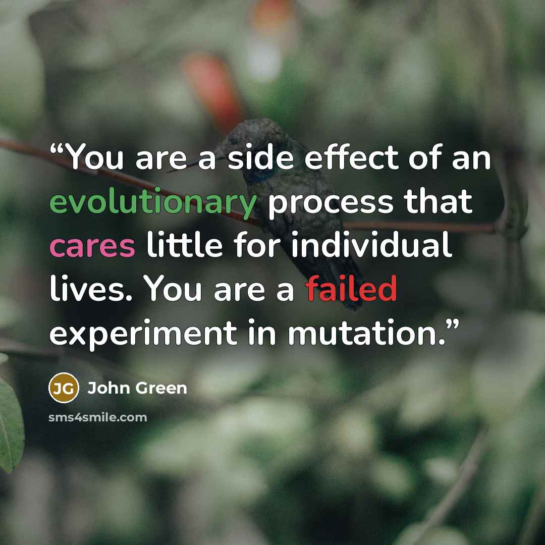 “You are a side effect of an evolutionary process that cares little for individual lives. You are a failed experiment in mutation.” quote by John Green