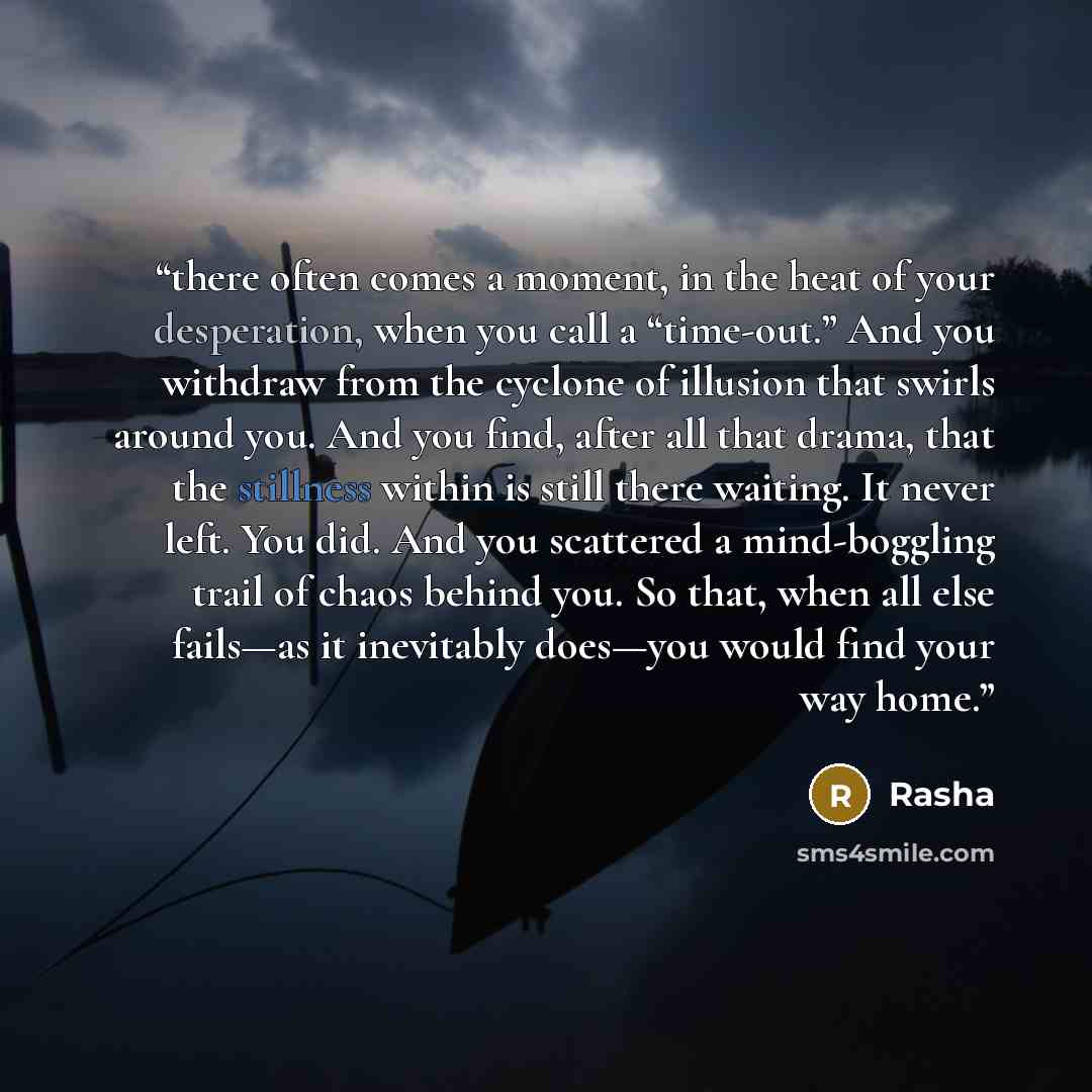 “there often comes a moment, in the heat of your desperation, when you call a “time-out.” And you withdraw from the cyclone of illusion that swirls around you. And you find, after all that drama, that the stillness within is still there waiting. It never left. You did. And you scattered a…” quote by Rasha
