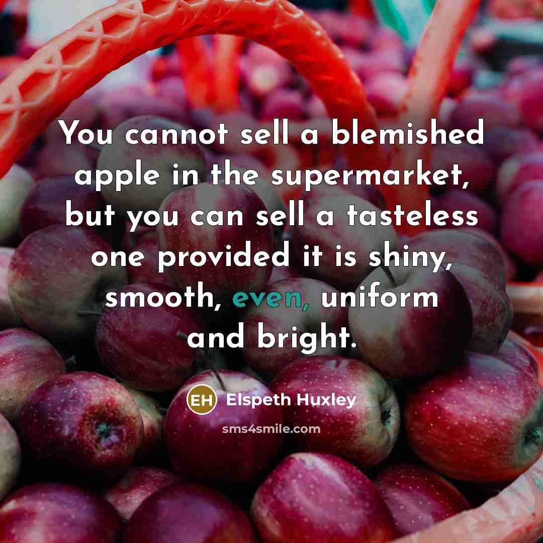 “You cannot sell a blemished apple in the supermarket, but…” quote by Elspeth Huxley