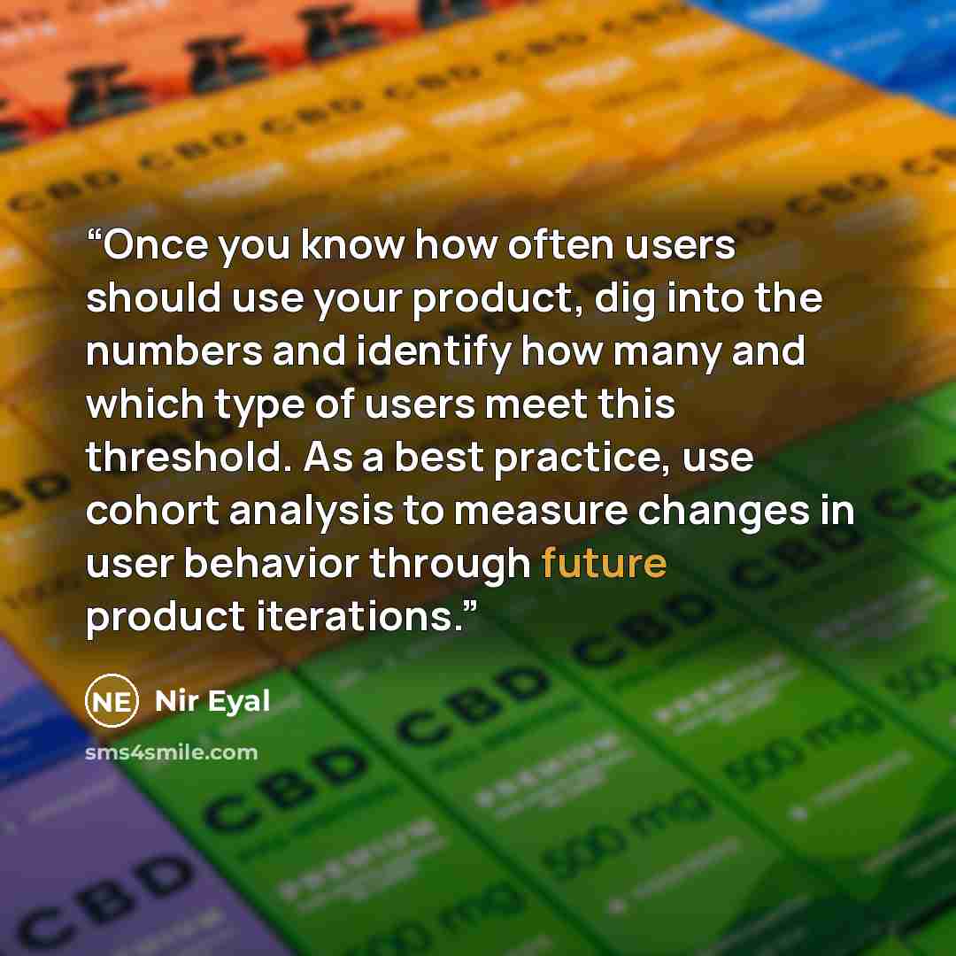 “Once you know how often users should use your product, dig into the numbers and identify how many and which type of users meet this threshold. As a best practice, use cohort analysis to measure changes in user behavior through future product iterations.” quote by Nir Eyal