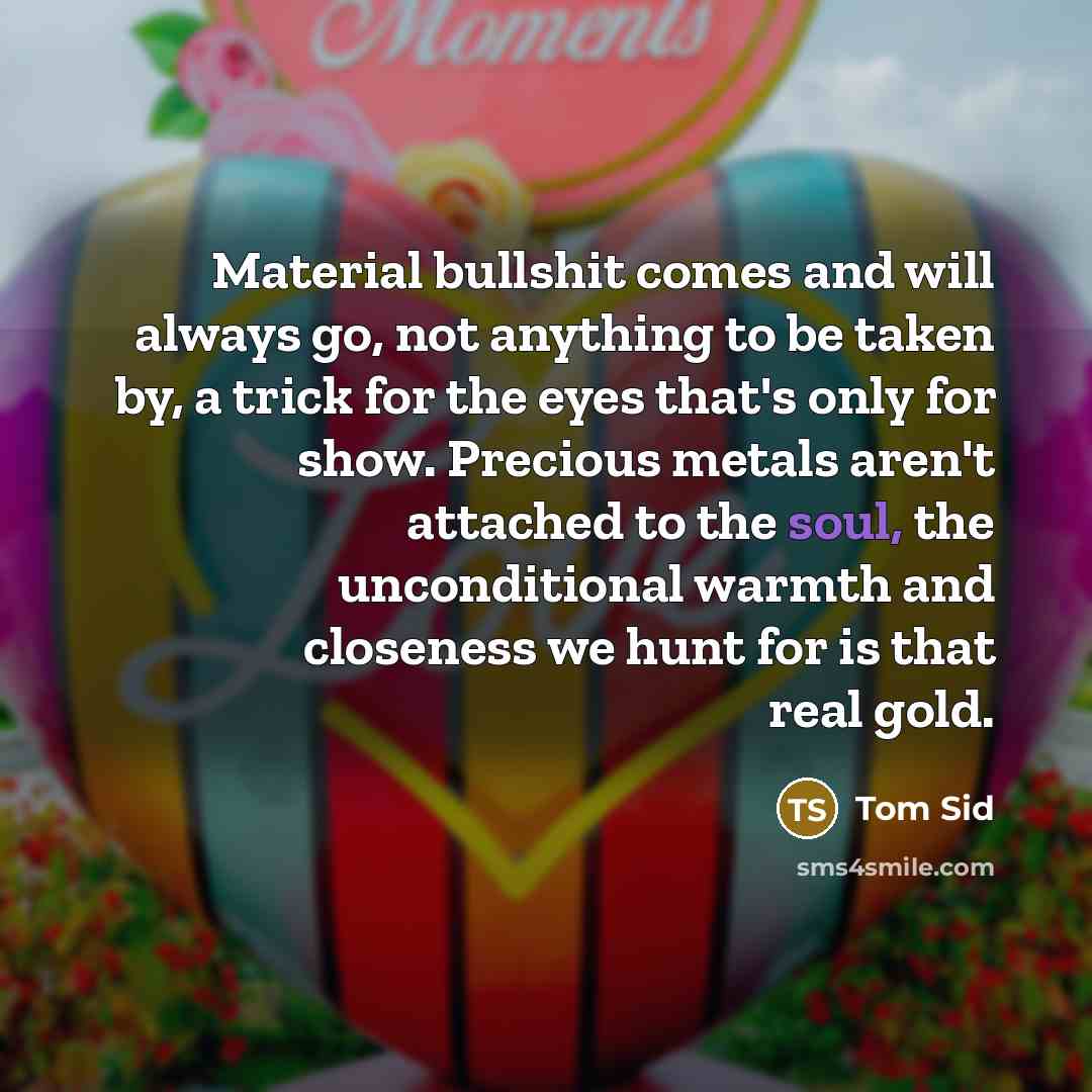 “Material bullshit comes and will always go, not anything to be taken by, a trick for the eyes that's only for show. Precious metals aren't attached to the soul, the unconditional warmth and closeness we hunt for is that real gold.” quote by Tom Sid