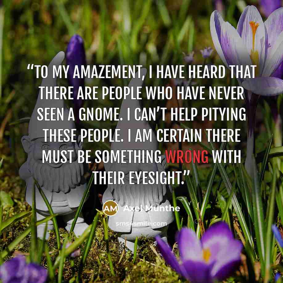 “To my amazement, I have heard that there are people who have never seen a gnome. I can’t help pitying these people. I am certain there must be something wrong with their eyesight.” quote by Axel Munthe