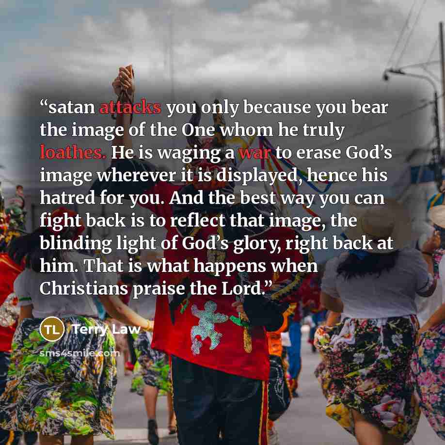“satan attacks you only because you bear the image of the One whom he truly loathes. He is waging a war to erase God’s image wherever it is displayed, hence his hatred for you. And the best way you can fight back is to reflect that image, the blinding light of God’s glory, right back at him. That…” quote by Terry Law