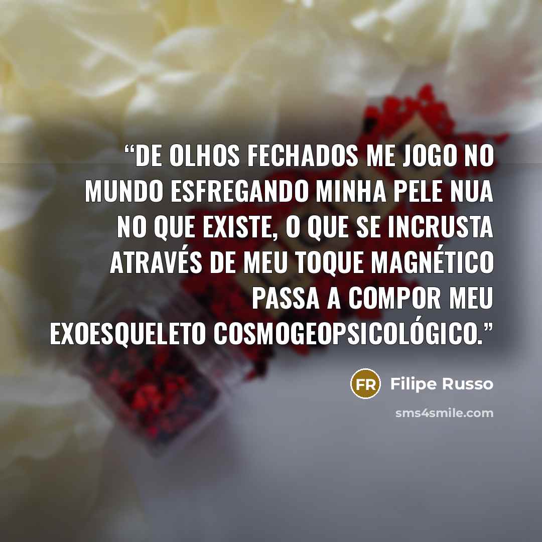 “De olhos fechados me jogo no mundo esfregando minha pele nua no que existe, o que se incrusta através de meu toque magnético passa a compor meu exoesqueleto cosmogeopsicológico.” quote by Filipe Russo