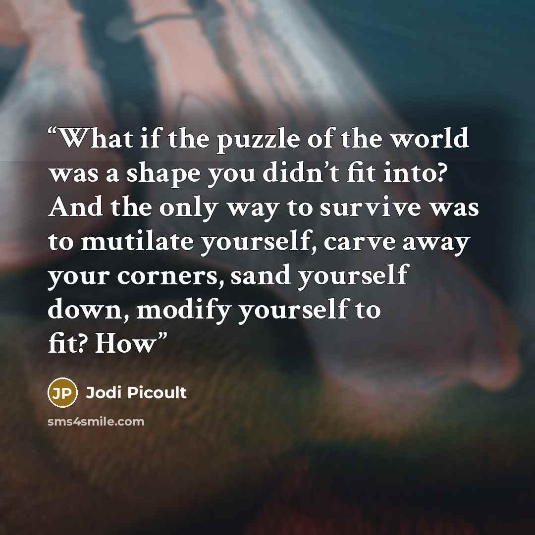 “What if the puzzle of the world was a shape you didn’t fit into? And the only way to survive was to mutilate yourself, carve away your corners, sand yourself down, modify yourself to fit? How” quote by Jodi Picoult