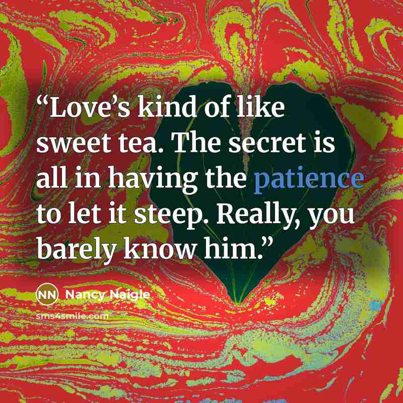 “Love’s kind of like sweet tea. The secret is all in having the patience to let it steep. Really, you barely know him.” quote by Nancy Naigle