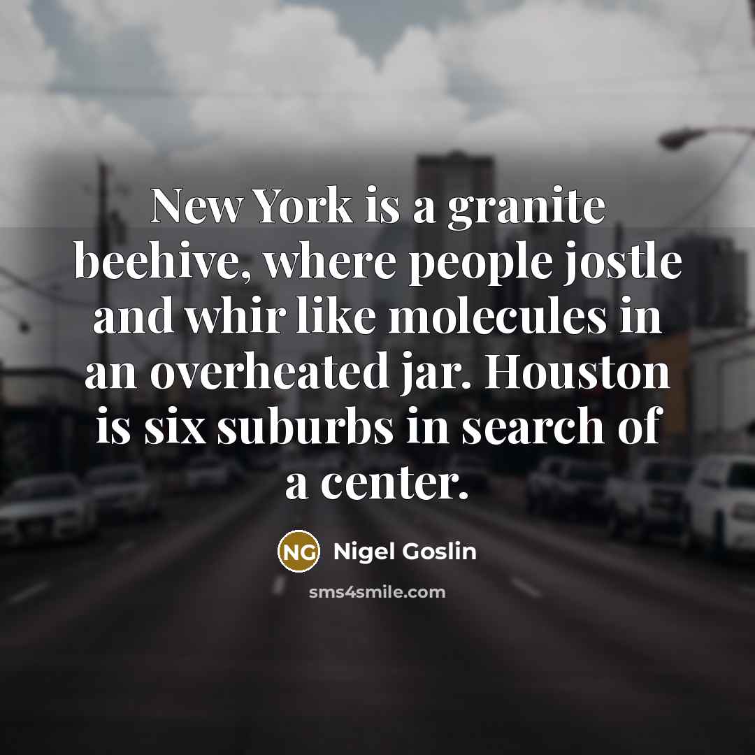 “New York is a granite beehive, where people jostle and whir like molecules in an overheated jar. Houston is six suburbs in search of a center.” quote by Nigel Goslin