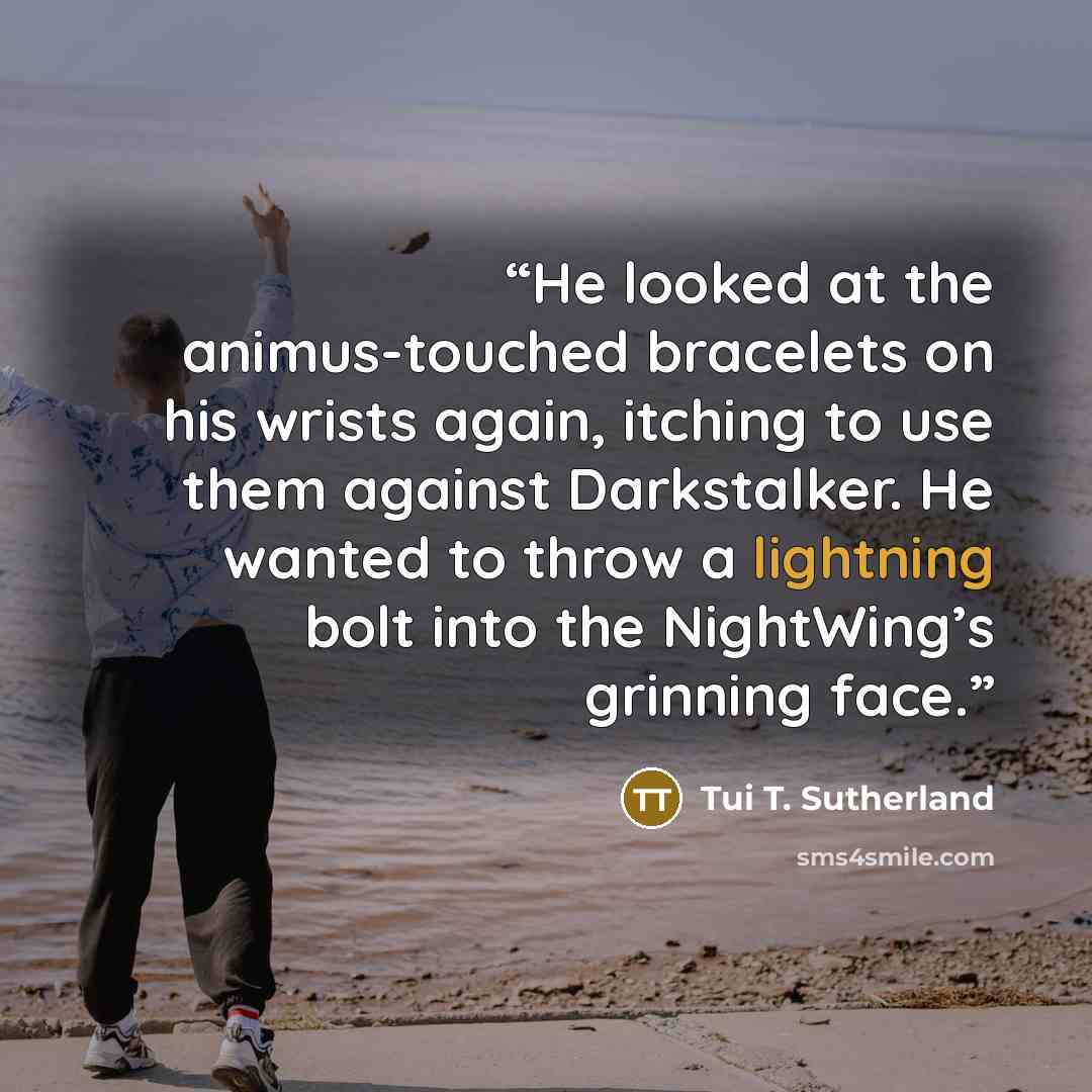 “He looked at the animus-touched bracelets on his wrists again, itching to use them against Darkstalker. He wanted to throw a lightning bolt into the NightWing’s grinning face.” quote by Tui T. Sutherland