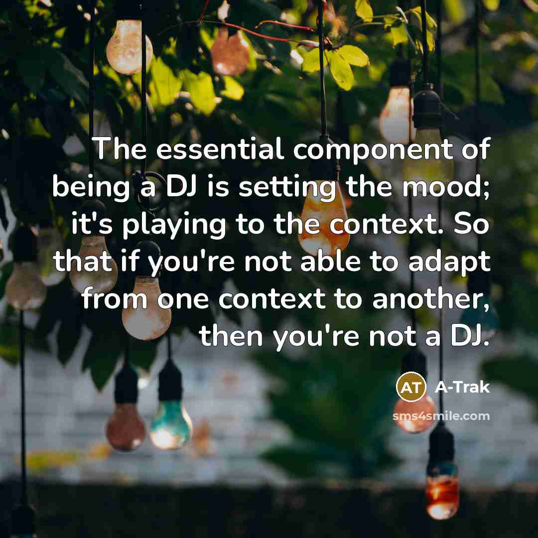 “The essential component of being a DJ is setting the mood; it's playing to the context. So that if you're not able to adapt from one context to another, then you're not a DJ.” quote by A-Trak