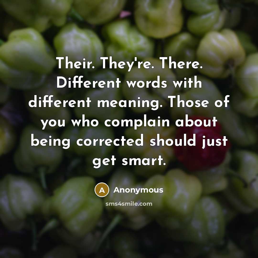 “Their. They're. There. Different words with different meaning. Those of you who complain about being corrected should just get smart.” quote by Anonymous