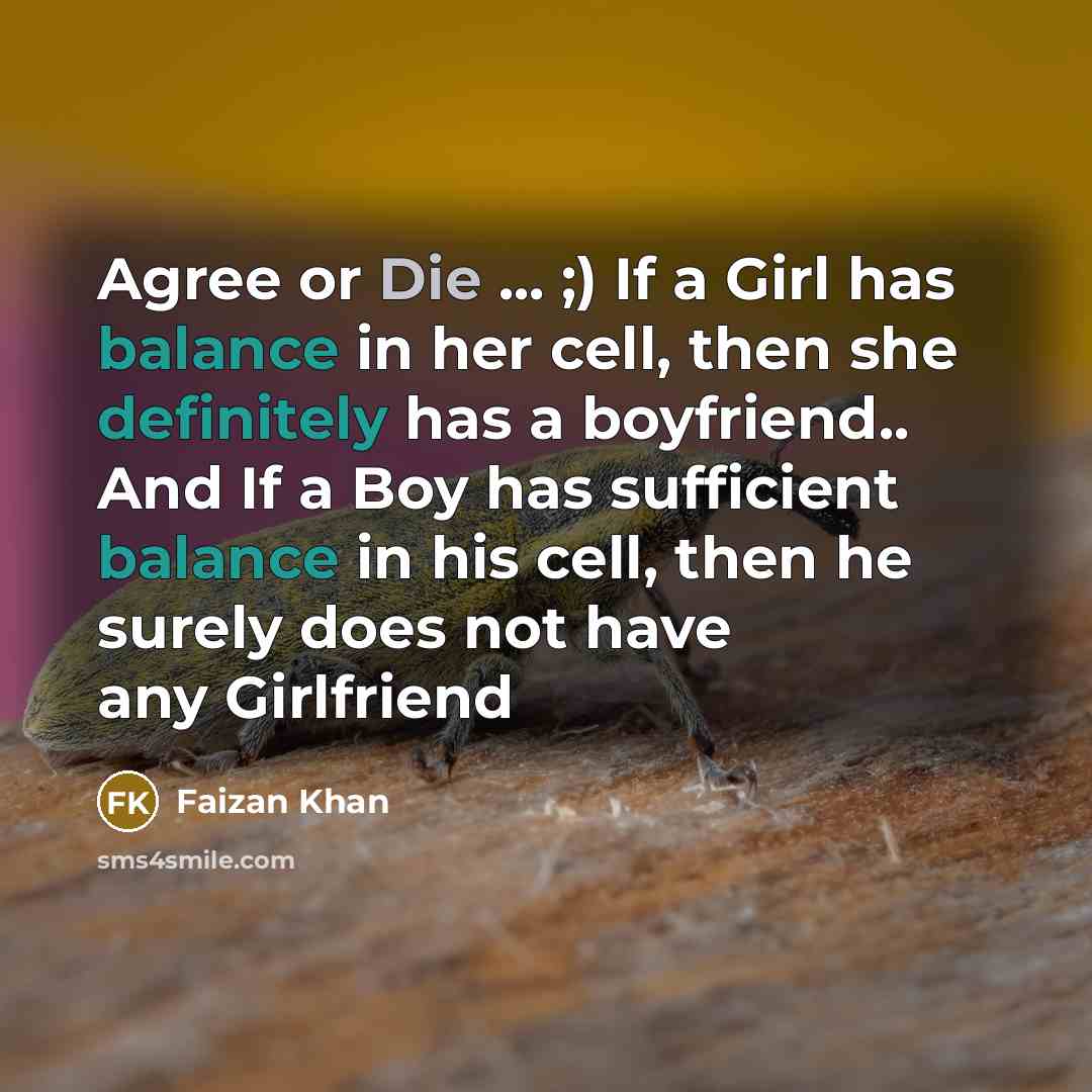 “Agree or Die ... ;) If a Girl has balance in her cell, then she definitely has a boyfriend.. And If a Boy has sufficient balance in his cell, then he surely does not have any Girlfriend” quote by Faizan Khan