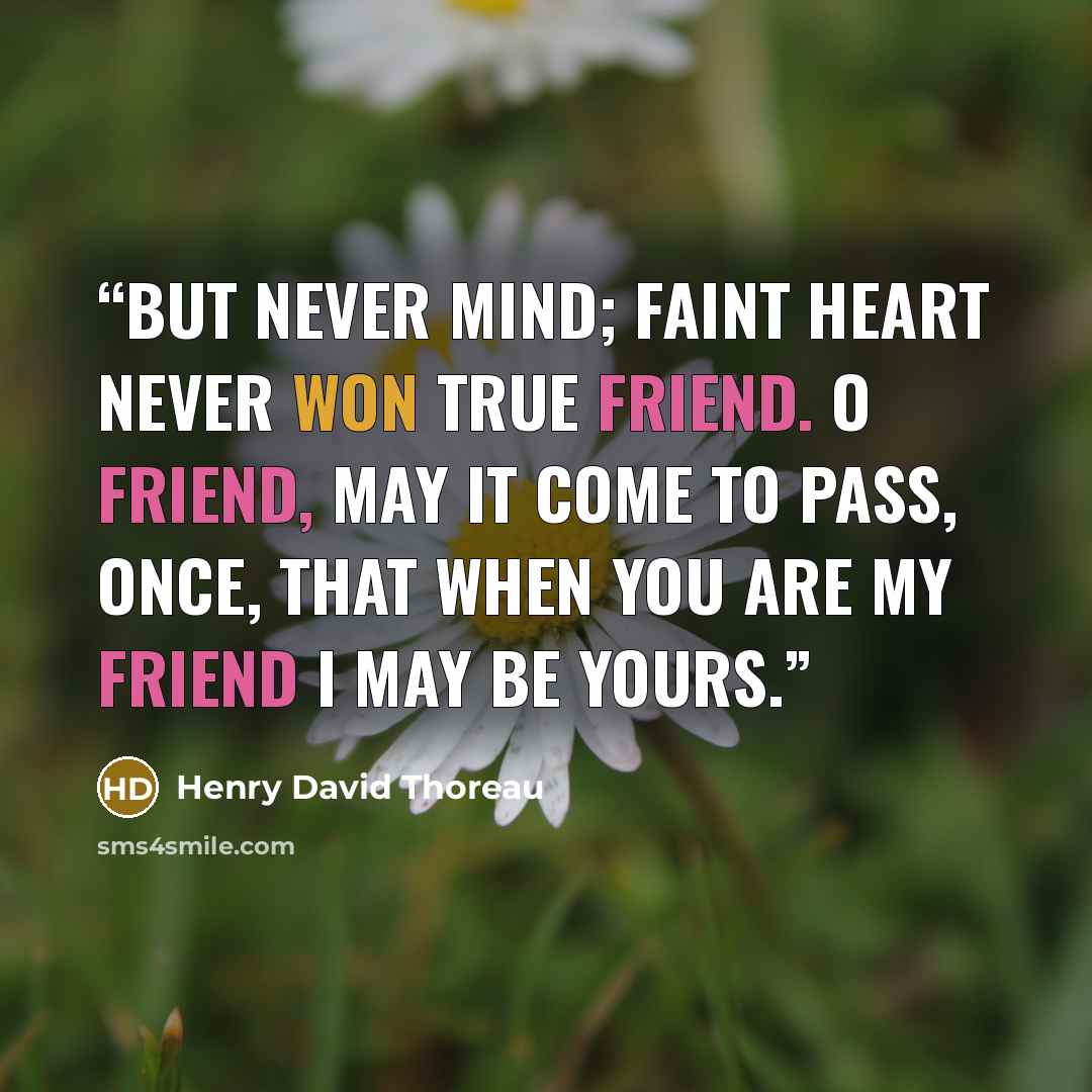 “But never mind; faint heart never won true Friend. O Friend, may it come to pass, once, that when you are my Friend I may be yours.” quote by Henry David Thoreau