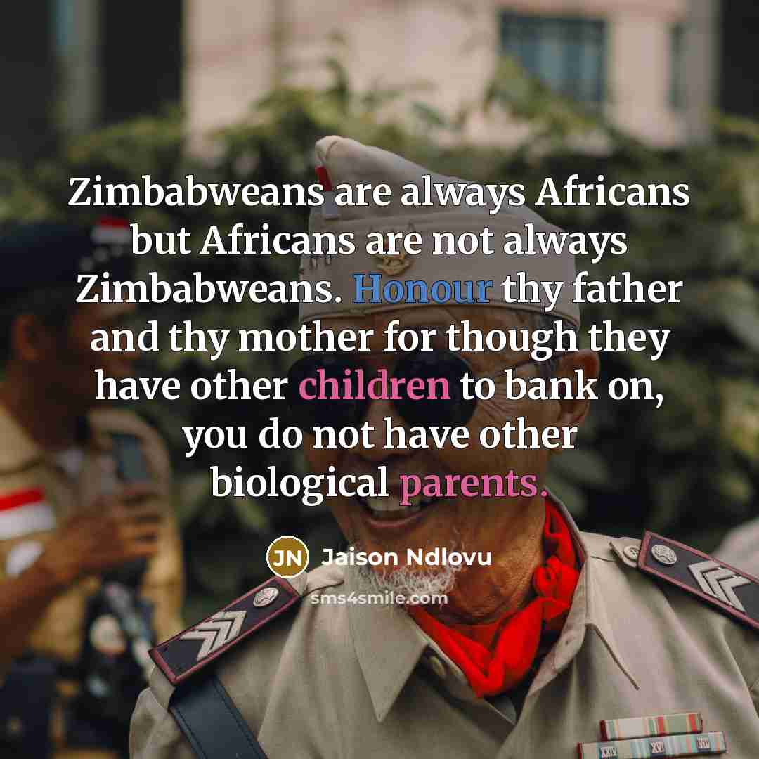 “Zimbabweans are always Africans but Africans are not always Zimbabweans. Honour thy father and thy mother for though they have other children to bank on, you do not have other biological parents.” quote by Jaison Ndlovu