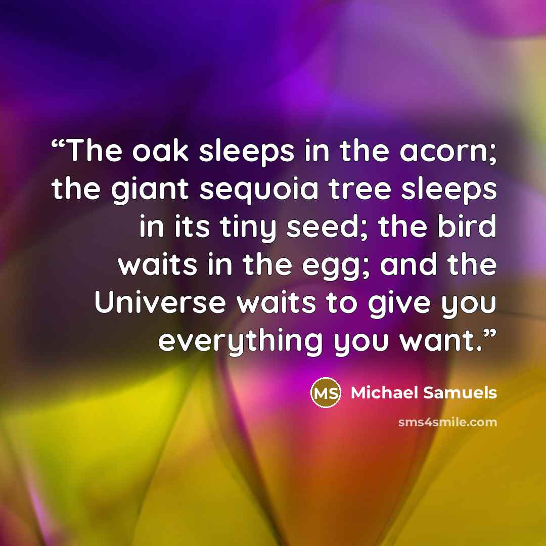 “The oak sleeps in the acorn; the giant sequoia tree sleeps in its tiny seed; the bird waits in the egg; and the Universe waits to give you everything you want.” quote by Michael Samuels