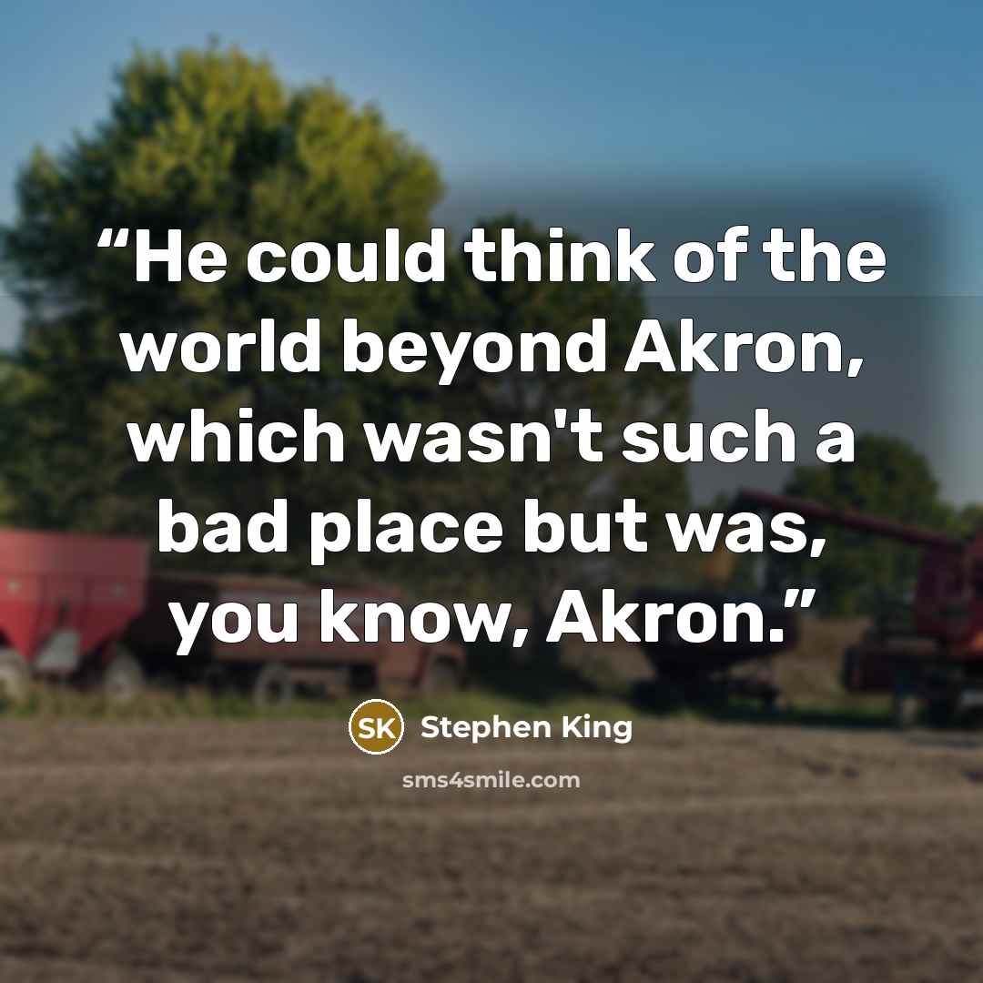 “He could think of the world beyond Akron, which wasn't such a bad place but was, you know, Akron.” quote by Stephen King