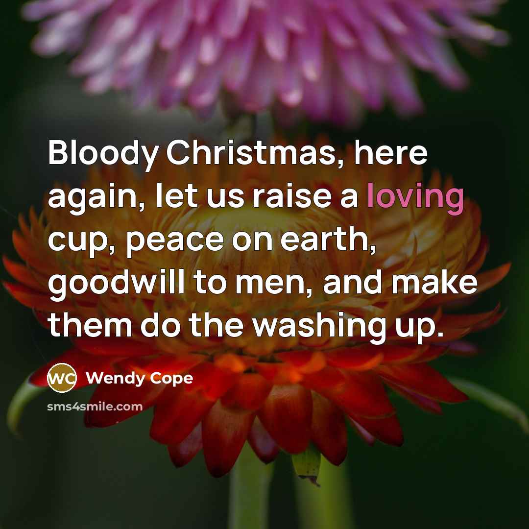 “Bloody Christmas, here again, let us raise a loving cup,…” quote by Wendy Cope
