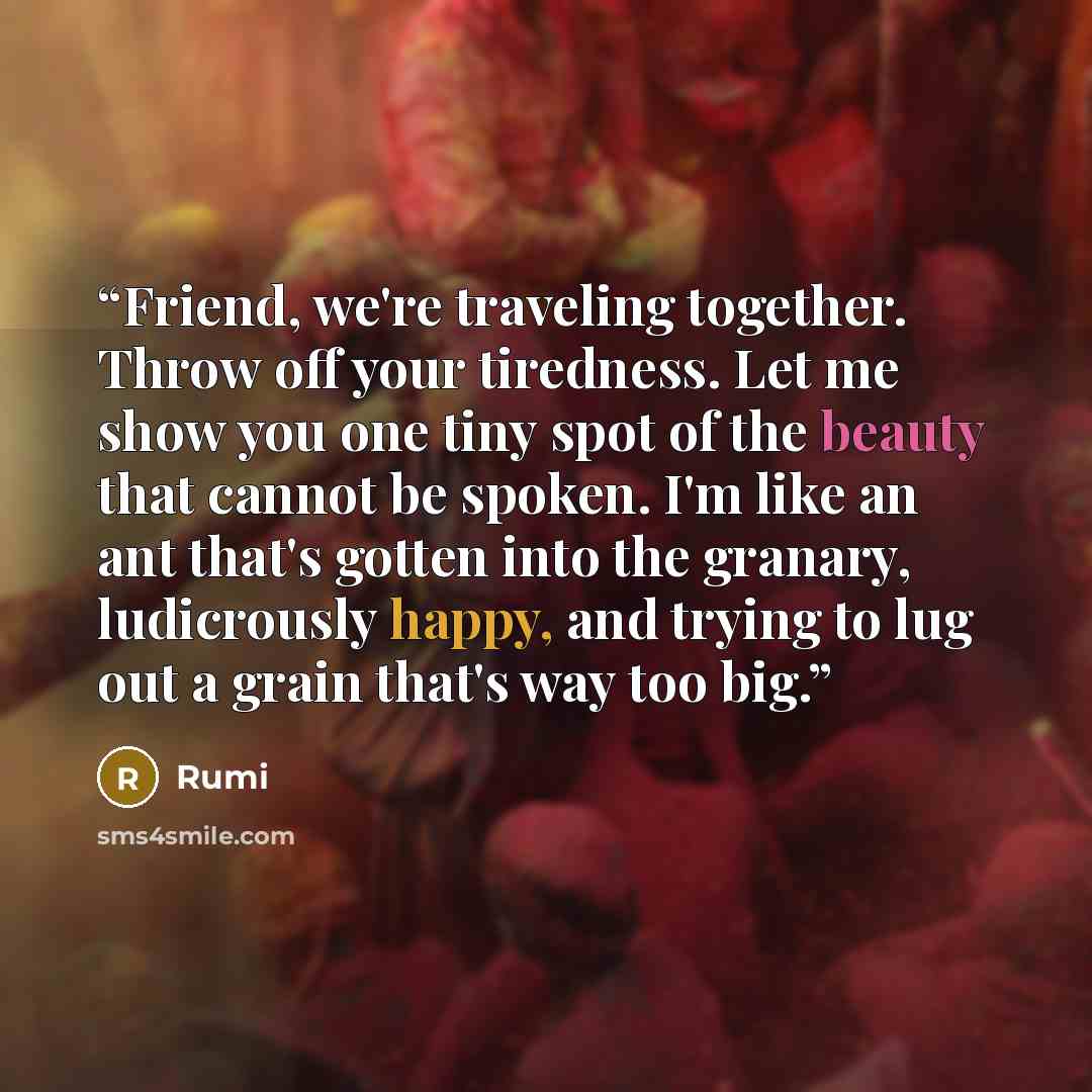 “Friend, we're traveling together. Throw off your tiredness. Let me show you one tiny spot of the beauty that cannot be spoken. I'm like an ant that's gotten into the granary, ludicrously happy, and trying to lug out a grain that's way too big.” quote by Rumi