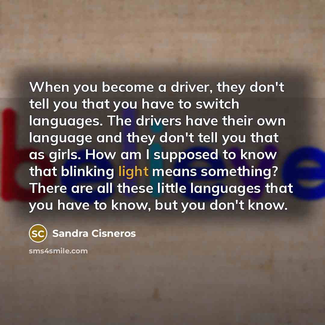 “When you become a driver, they don't tell you that you have to switch languages. The drivers have their own language and they don't tell you that as girls. How am I supposed to know that blinking light means something? There are all these little languages that you have to know, but you don't know.” quote by Sandra Cisneros