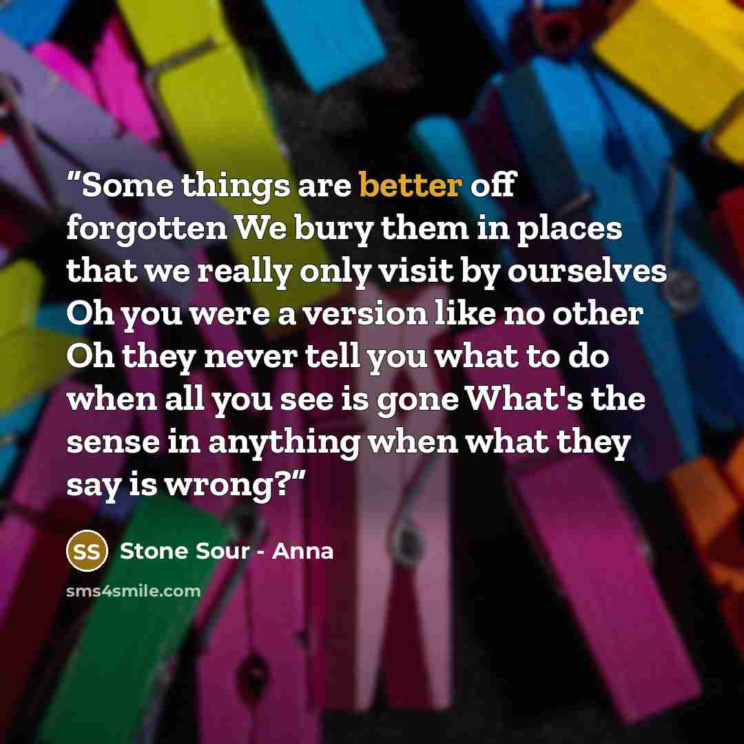 “Some things are better off forgotten We bury them in places that we really only visit by ourselves Oh you were a version like no other Oh they never tell you what to do when all you see is gone What's the sense in anything when what they say is wrong?” quote by Stone Sour - Anna