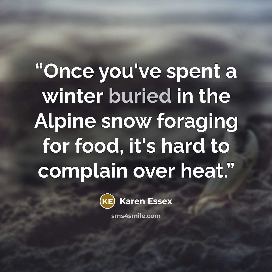 “Once you've spent a winter buried in the Alpine snow foraging for food, it's hard to complain over heat.” quote by Karen Essex