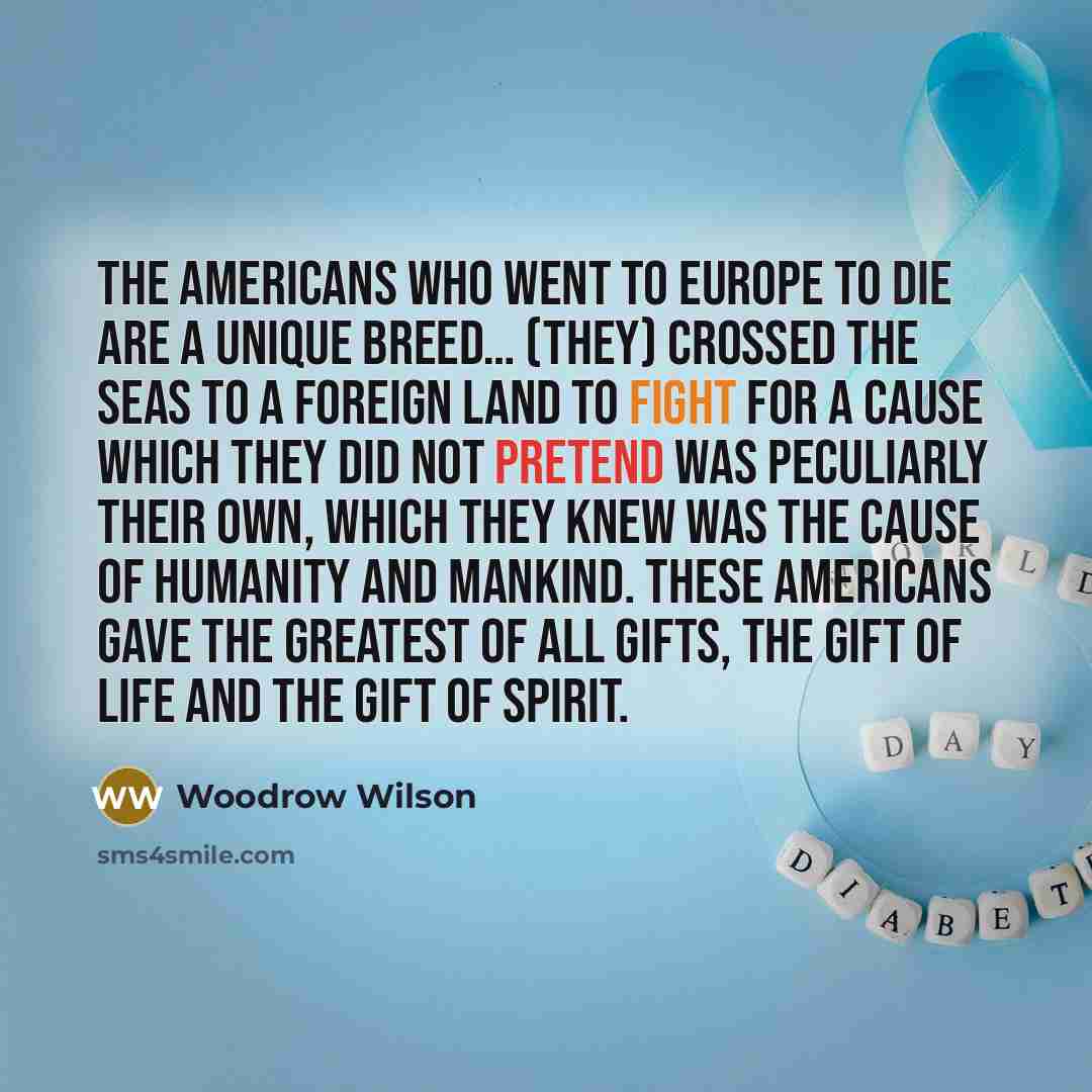 “The Americans who went to Europe to die are a unique breed… (They) crossed the seas to a foreign land to fight for a cause which they did not pretend was peculiarly their own, which they knew was the cause of humanity and mankind. These Americans gave the greatest of all gifts, the gift of life…” quote by Woodrow Wilson