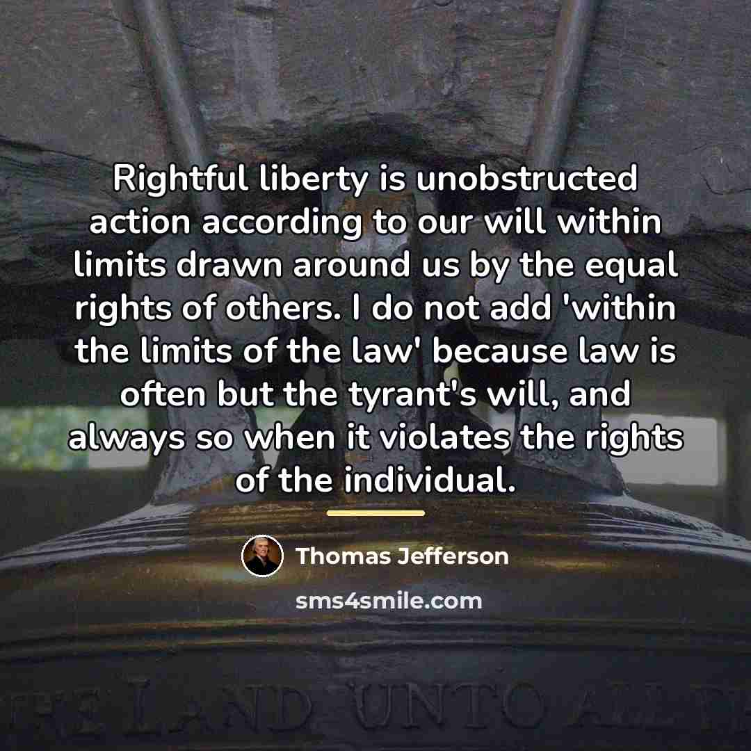 “Rightful liberty is unobstructed action according to our will within…” quote by Thomas Jefferson