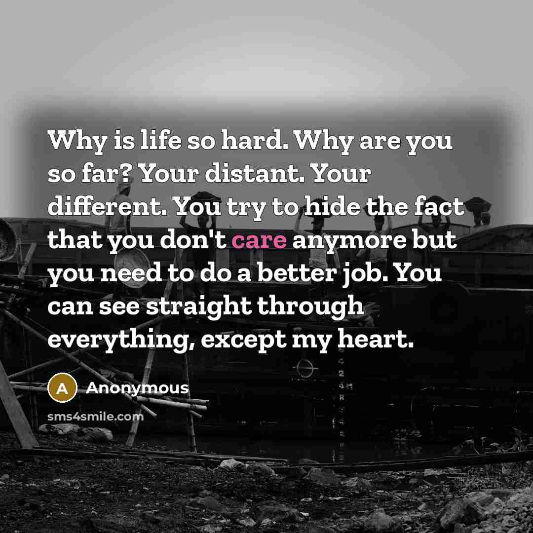 “Why is life so hard. Why are you so far? Your distant. Your different. You try to hide the fact that you don't care anymore but you need to do a better job. You can see straight through everything, except my heart.” quote by Anonymous