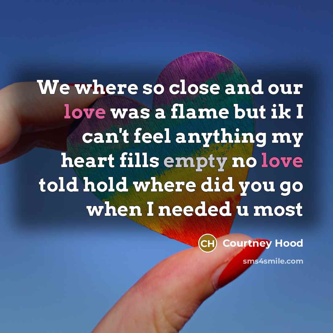 “We where so close and our love was a flame but ik I can't feel anything my heart fills empty no love told hold where did you go when I needed u most” quote by Courtney Hood