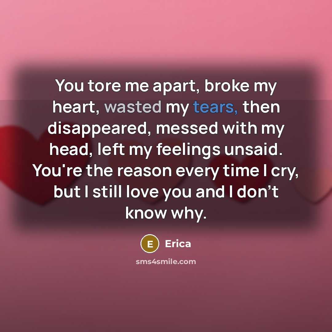 “You tore me apart, broke my heart, wasted my tears,…” quote by Erica