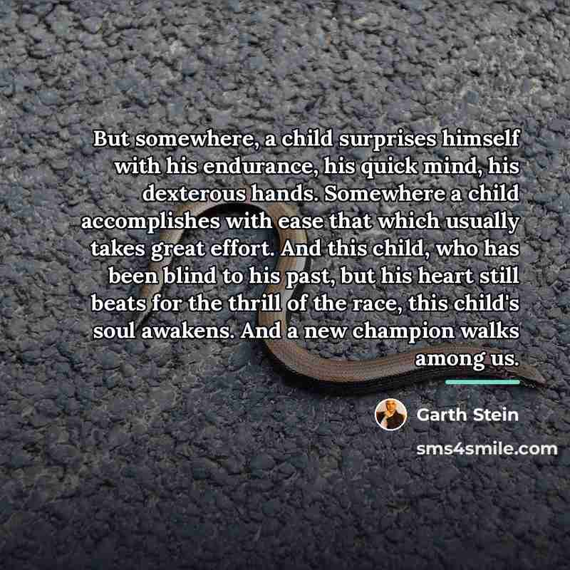 “But somewhere, a child surprises himself with his endurance, his…” quote by Garth Stein