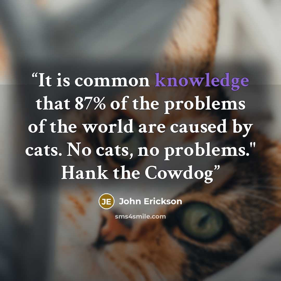 “It is common knowledge that 87% of the problems of the world are caused by cats. No cats, no problems." Hank the Cowdog” quote by John Erickson