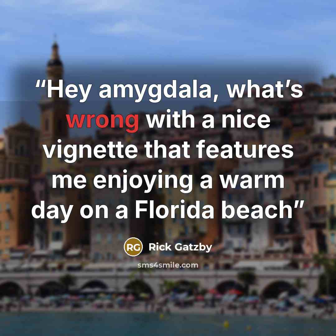 “Hey amygdala, what’s wrong with a nice vignette that features me enjoying a warm day on a Florida beach” quote by Rick Gatzby