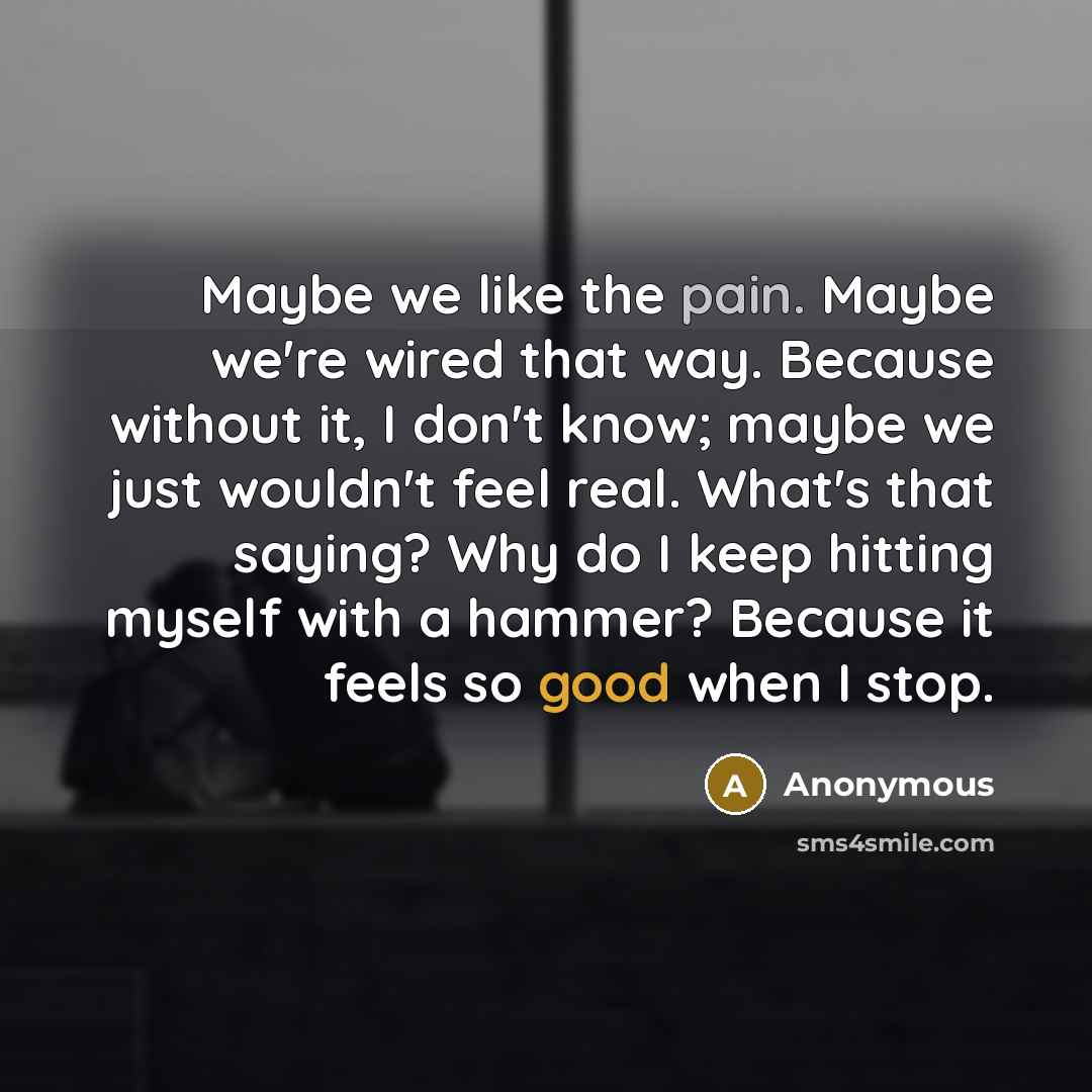 “Maybe we like the pain. Maybe we're wired that way. Because without it, I don't know; maybe we just wouldn't feel real. What's that saying? Why do I keep hitting myself with a hammer? Because it feels so good when I stop.” quote by Anonymous
