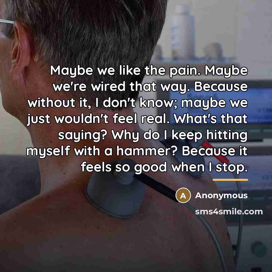 “Maybe we like the pain. Maybe we're wired that way.…” quote by Anonymous