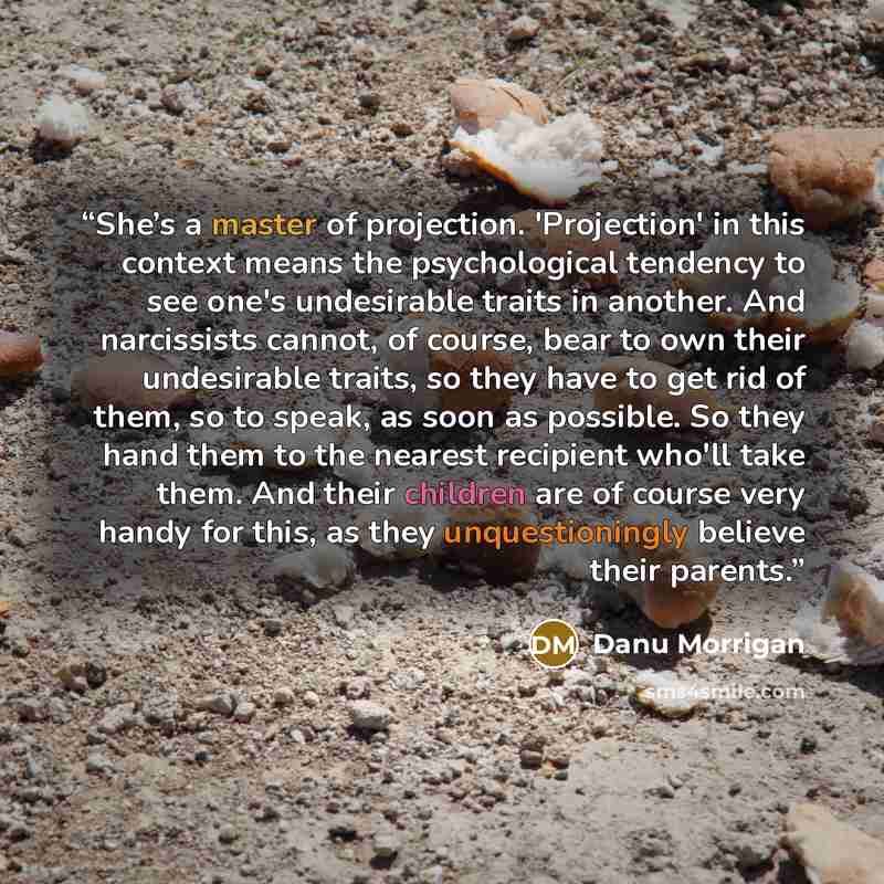“She’s a master of projection. 'Projection' in this context means the psychological tendency to see one's undesirable traits in another. And narcissists cannot, of course, bear to own their undesirable traits, so they have to get rid of them, so to speak, as soon as possible. So they hand them to…” quote by Danu Morrigan