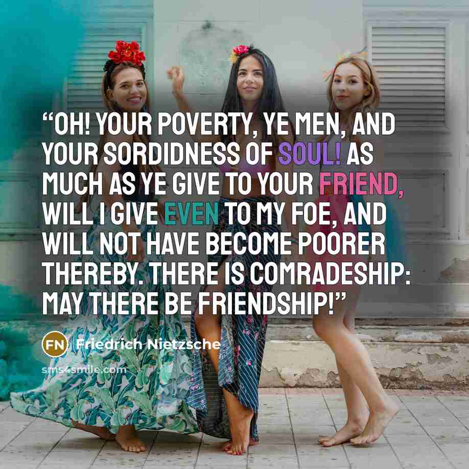 “Oh! Your poverty, ye men, and your sordidness of soul! As much as ye give to your friend, will I give even to my foe, and will not have become poorer thereby. There is comradeship: may there be friendship!” quote by Friedrich Nietzsche