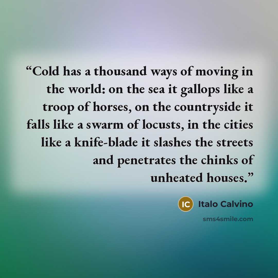 “Cold has a thousand ways of moving in the world: on the sea it gallops like a troop of horses, on the countryside it falls like a swarm of locusts, in the cities like a knife-blade it slashes the streets and penetrates the chinks of unheated houses.” quote by Italo Calvino