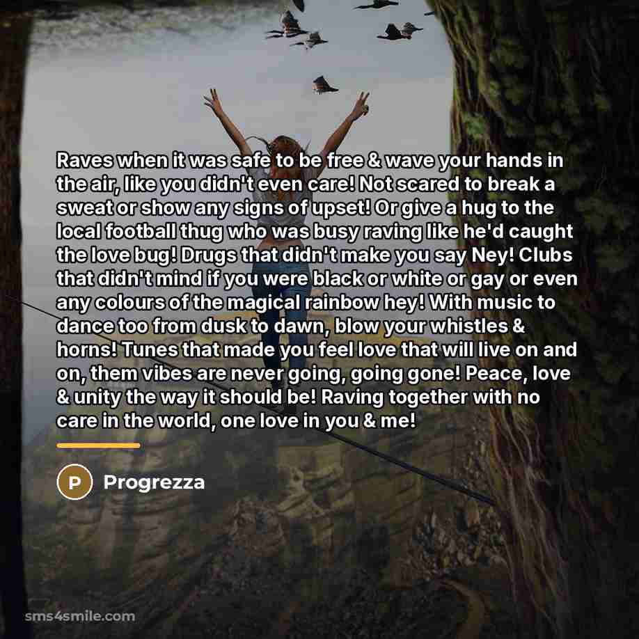 “Raves when it was safe to be free & wave…” quote by Progrezza
