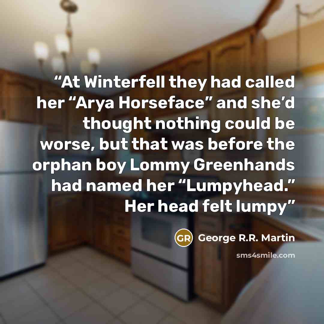 “At Winterfell they had called her “Arya Horseface” and she’d thought nothing could be worse, but that was before the orphan boy Lommy Greenhands had named her “Lumpyhead.” Her head felt lumpy” quote by George R.R. Martin