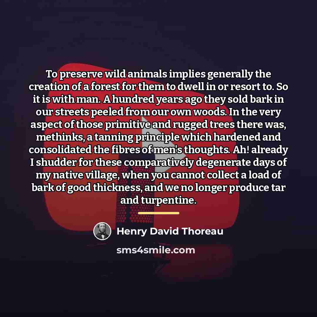 “To preserve wild animals implies generally the creation of a…” quote by Henry David Thoreau