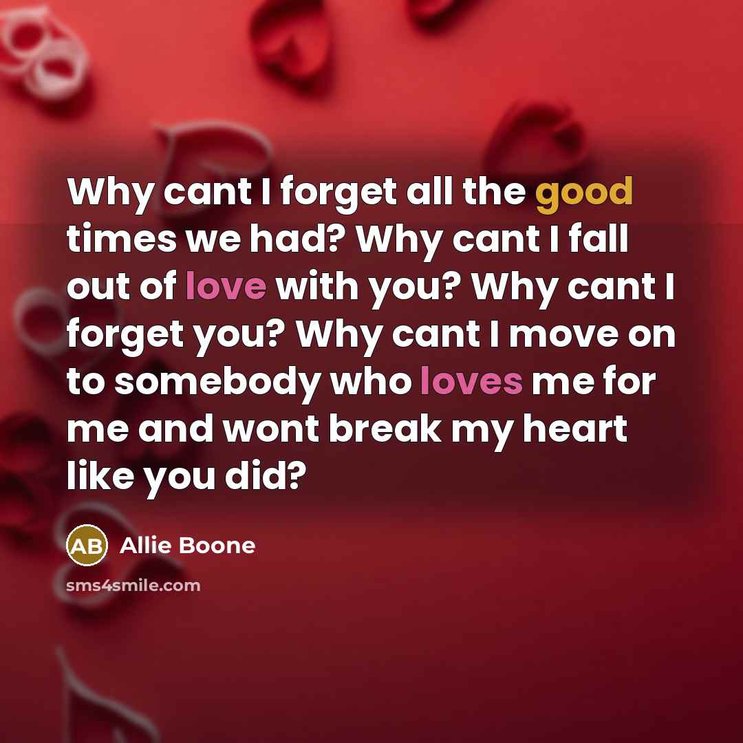 “Why cant I forget all the good times we had? Why cant I fall out of love with you? Why cant I forget you? Why cant I move on to somebody who loves me for me and wont break my heart like you did?” quote by Allie Boone