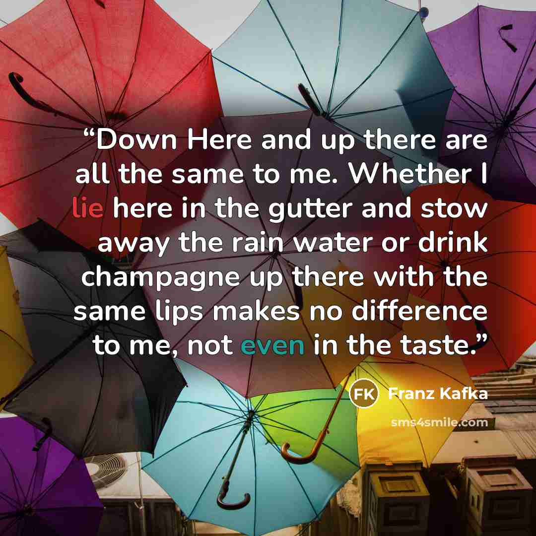 “Down Here and up there are all the same to me. Whether I lie here in the gutter and stow away the rain water or drink champagne up there with the same lips makes no difference to me, not even in the taste.” quote by Franz Kafka