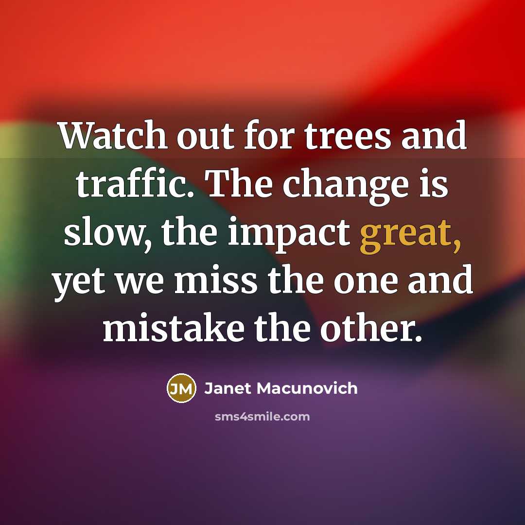 “Watch out for trees and traffic. The change is slow,…” quote by Janet Macunovich