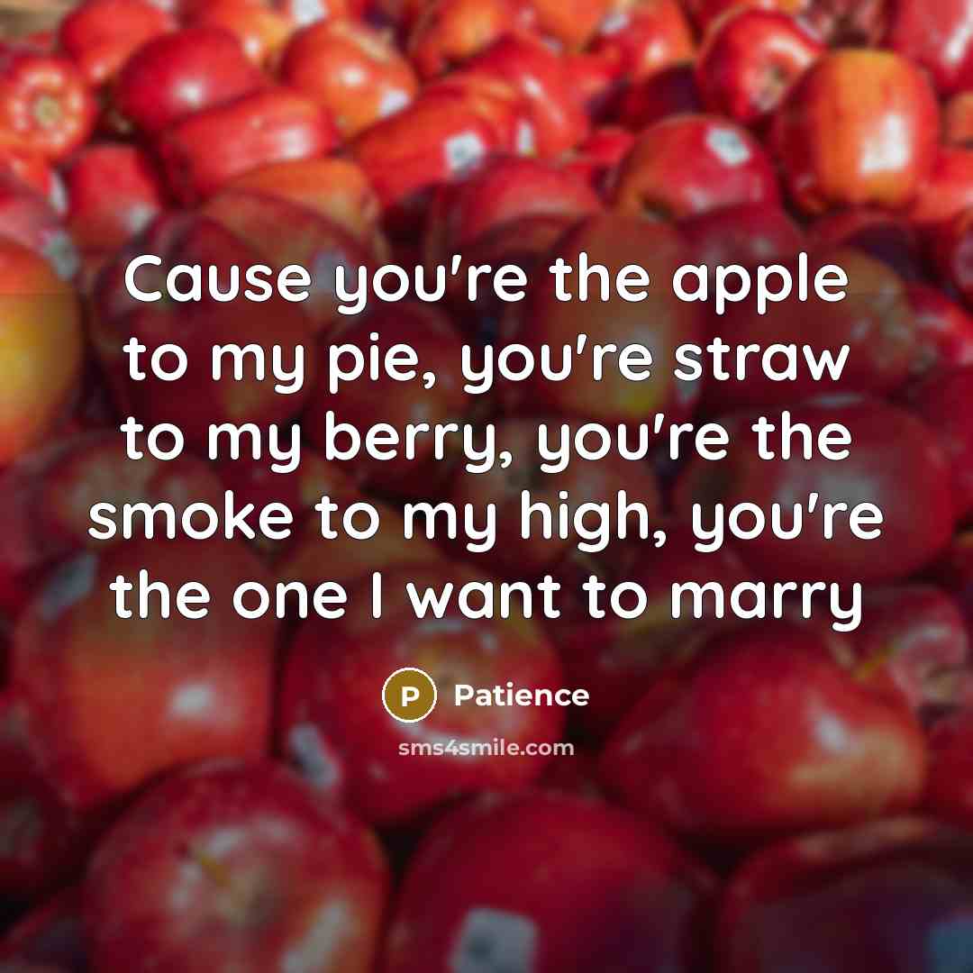 “Cause you're the apple to my pie, you're straw to my berry, you're the smoke to my high, you're the one I want to marry” quote by Patience