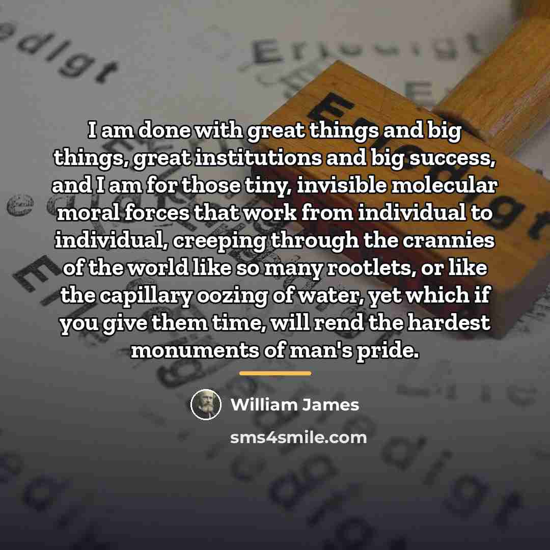 “I am done with great things and big things, great…” quote by William James