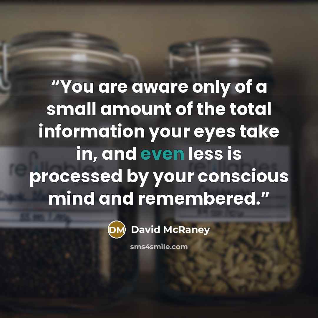 “You are aware only of a small amount of the total information your eyes take in, and even less is processed by your conscious mind and remembered.” quote by David McRaney