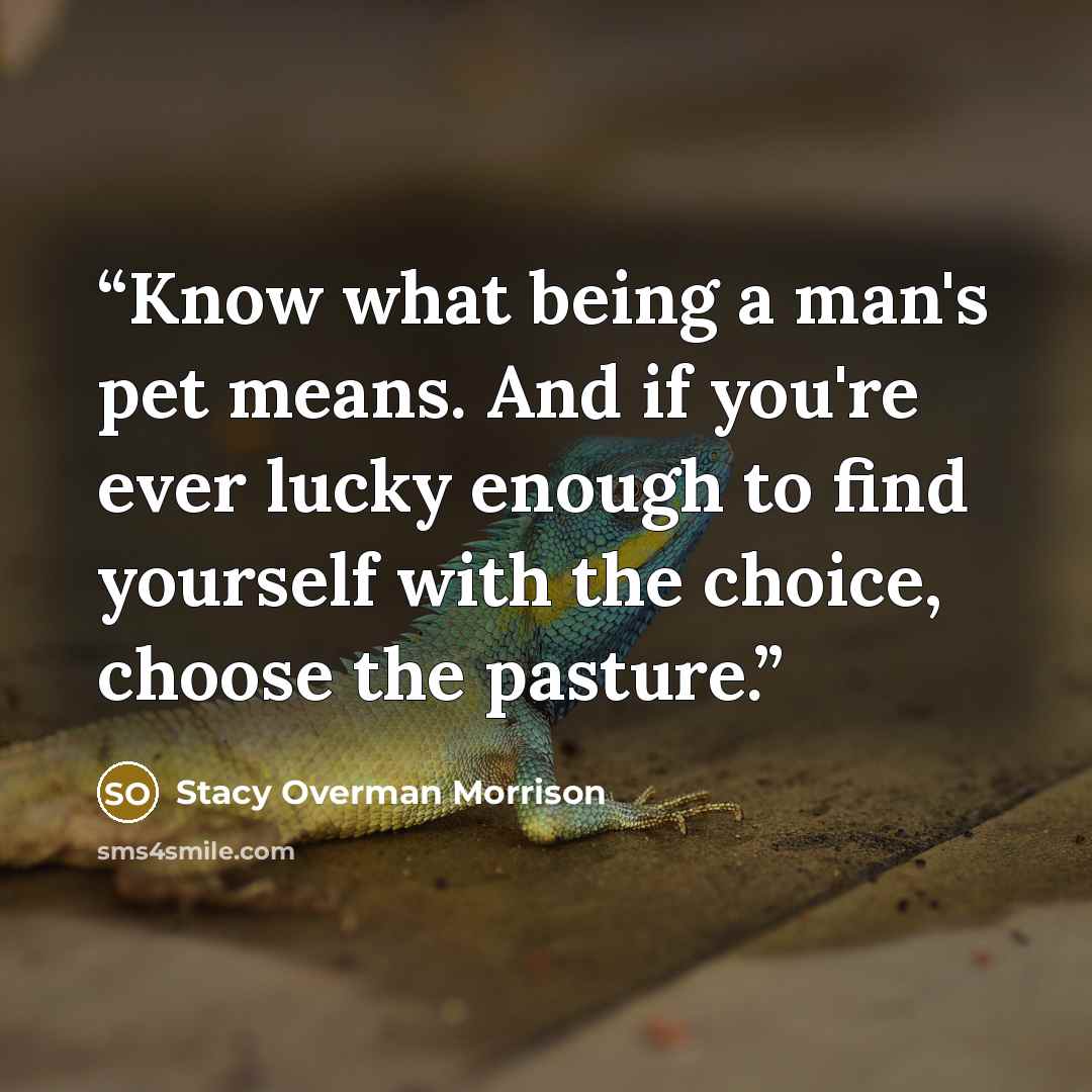 “Know what being a man's pet means. And if you're ever lucky enough to find yourself with the choice, choose the pasture.” quote by Stacy Overman Morrison
